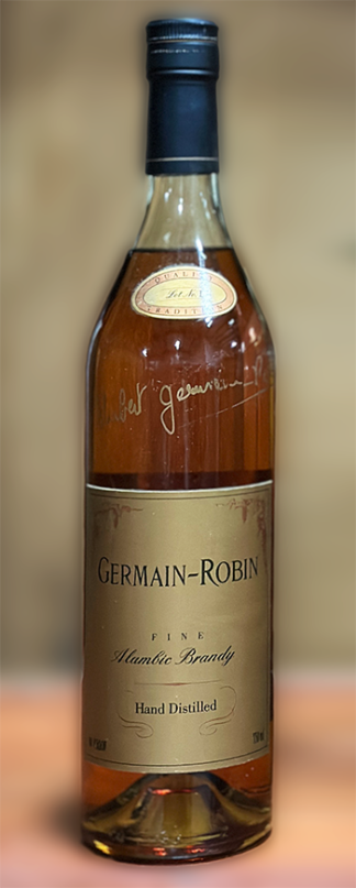 An autographed bottle of Germain-Robin Lot No. 1 Fine Alambic Brandy