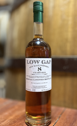 Bottle of Low Gap 8 year old rye whiskey