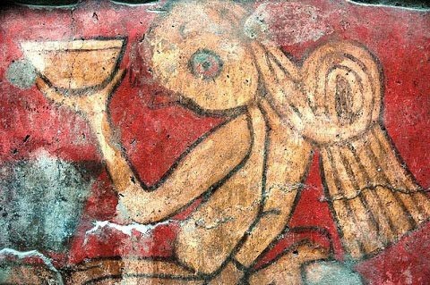 turning oneself into a bird from the bebedores mural beneath the pyramid of Cholula