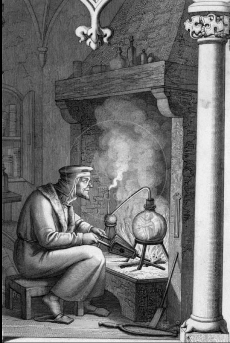 Alchemical illustration of a man with a bellows stoking a fire with a glass beaker. A human figure is inside the beaker